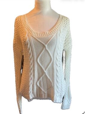 *A New Approach *  Open Weave Cable Knit Scoop Neck Sweater-Snowdrift